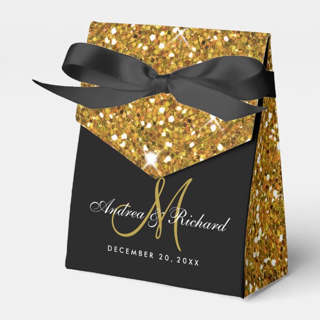 Black Gold Glitter Monogram Wedding Favor Box (Front Side)