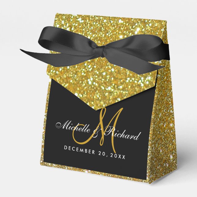 Black Gold Glitter Monogram Wedding Favor Box (Front Side)