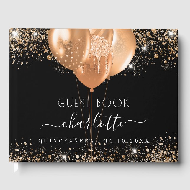 Black gold glitter name balloons Quinceanera Guest Book (Front)