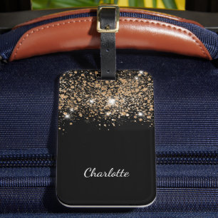 Black gold glitter name script glamorous luggage tag