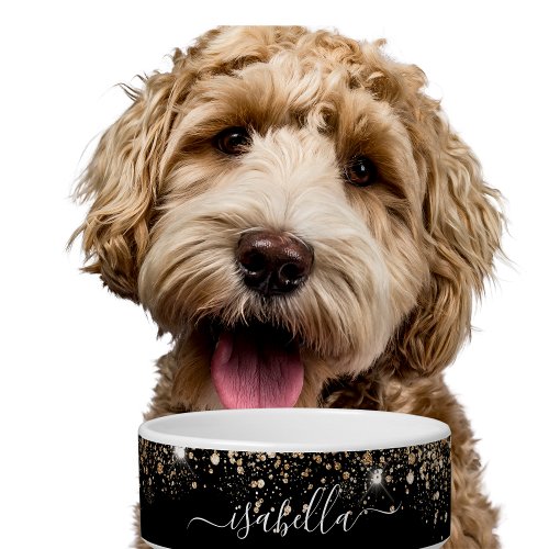 Black gold glitter name script pet bowl