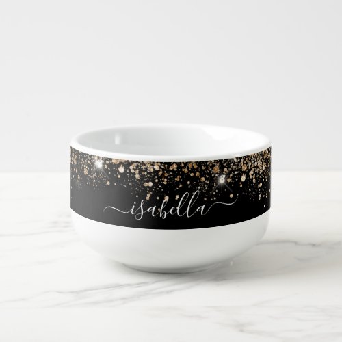 Black gold glitter name script soup mug