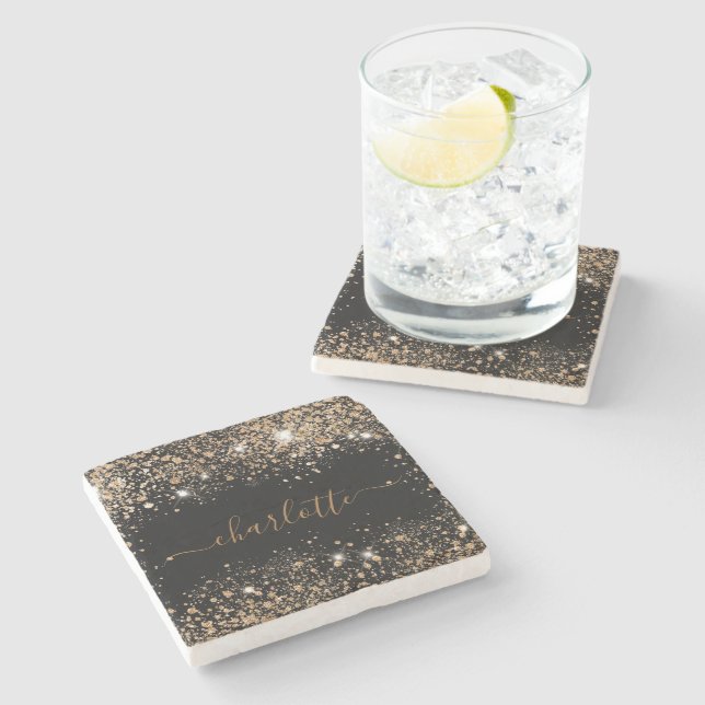 Black gold glitter name script stone coaster (Side)