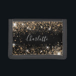 Black gold glitter name script trifold wallet<br><div class="desc">A stylish black background. Decorated with faux gold glitter dust. Personalize and add your name. The name is written with a hand lettered style script.</div>