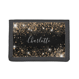 Black gold glitter name script trifold wallet
