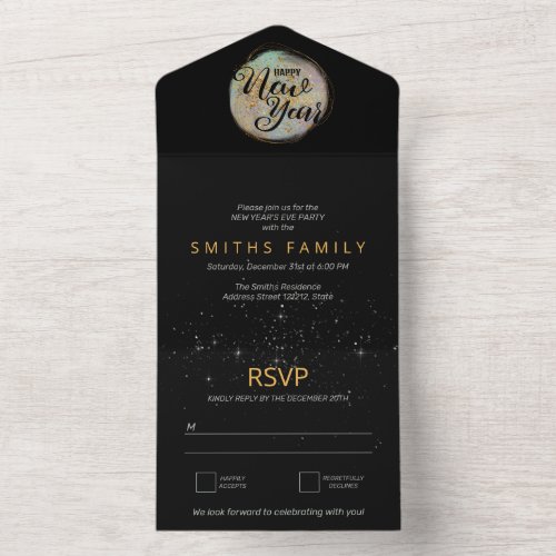 Black Gold Glitter New Years Party All In One Invitation
