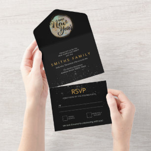 Black Gold Glitter New Year's Party All In One Invitation
