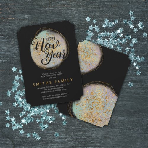 Black Gold Glitter New Years Party Invitation