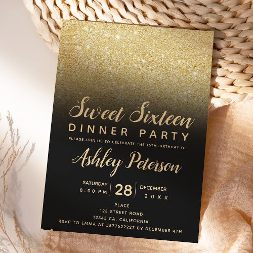 Black gold glitter ombre typography Sweet 16 Invitation