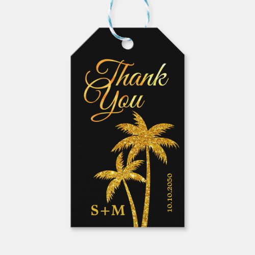 Black Gold Glitter Palm Wedding Thank You Monogram Gift Tags