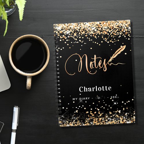 Black gold glitter pen script name notebook