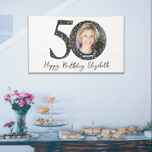 Black Gold Glitter Photo 50th Birthday Party Banner