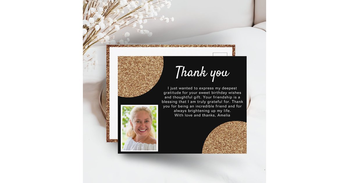 Black Gold Glitter Photo Birthday Thank you Postcard | Zazzle