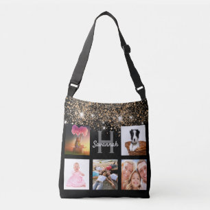 Black gold glitter photo collage monogram name crossbody bag