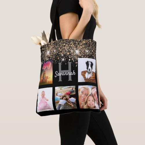 Black gold glitter photo collage monogram name tote bag