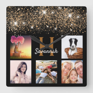 Black gold glitter photo collage square wall clock