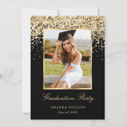 Black Gold Glitter Photo Graduation Party Invitation