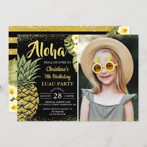 Black Gold Glitter Pineapple Floral Birthday Photo Invitation