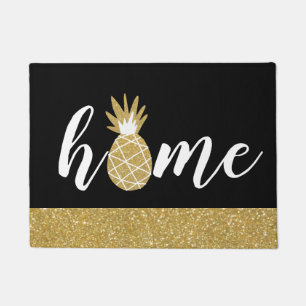 Black Gold Glitter Pineapple Home Feminine Chic Doormat