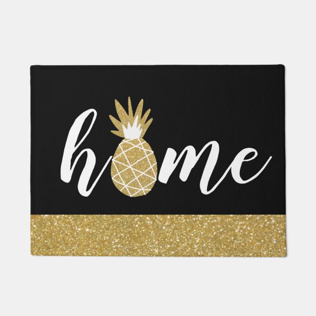 Black Gold Glitter Pineapple Home Feminine Chic Doormat (Front)