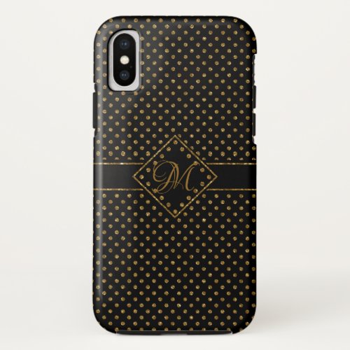 BLACK GOLD GLITTER POLKA DOTS PATTERN MONOGRAMMED iPhone X CASE