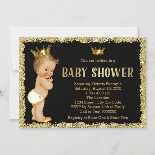 Black Gold Glitter Prince Baby Shower Invitation