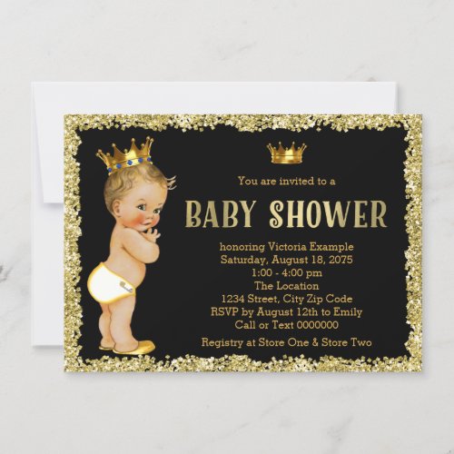 Black Gold Glitter Prince Baby Shower Invitation