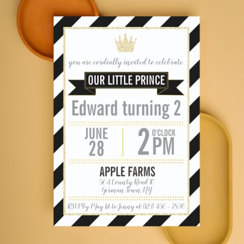 Black Gold Glitter Prince Birthday Invitation