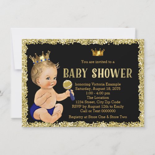 Black Gold Glitter Prince Boy Baby Shower Invitation