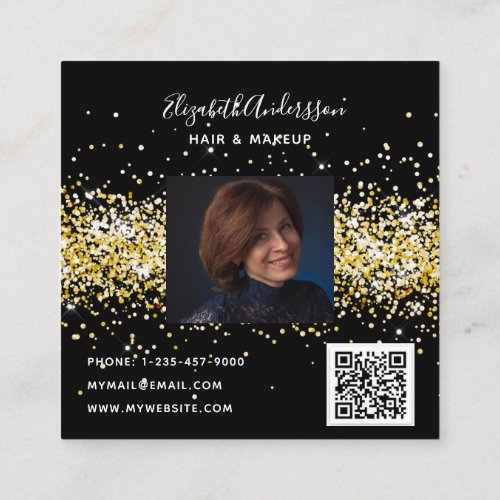 Black gold glitter profile photo qr code square business card