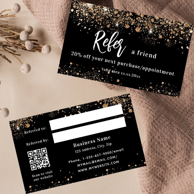Black gold glitter qr code business referral card (Creator Uploaded)