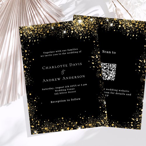 Black gold glitter QR code RSVP details wedding Invitation