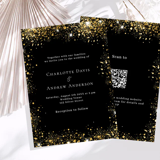 Black gold glitter QR code RSVP details wedding Invitation | Zazzle