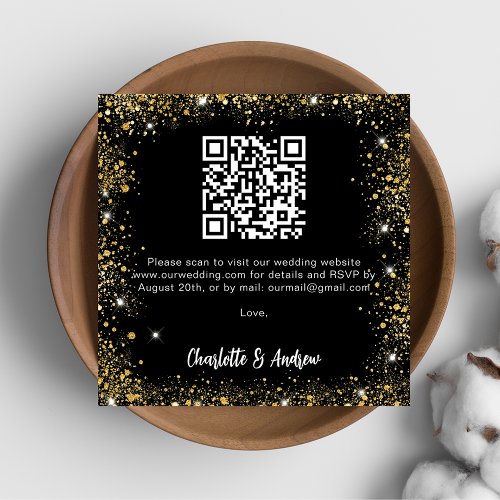 Black gold glitter QR code wedding RSVP Enclosure Card