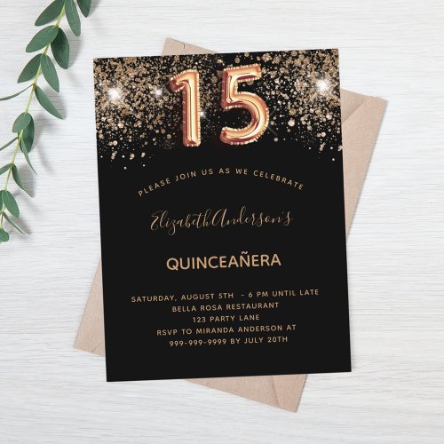Black gold glitter Quinceanera Invitation Postcard