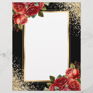 Black Gold Glitter Red Roses Letterhead