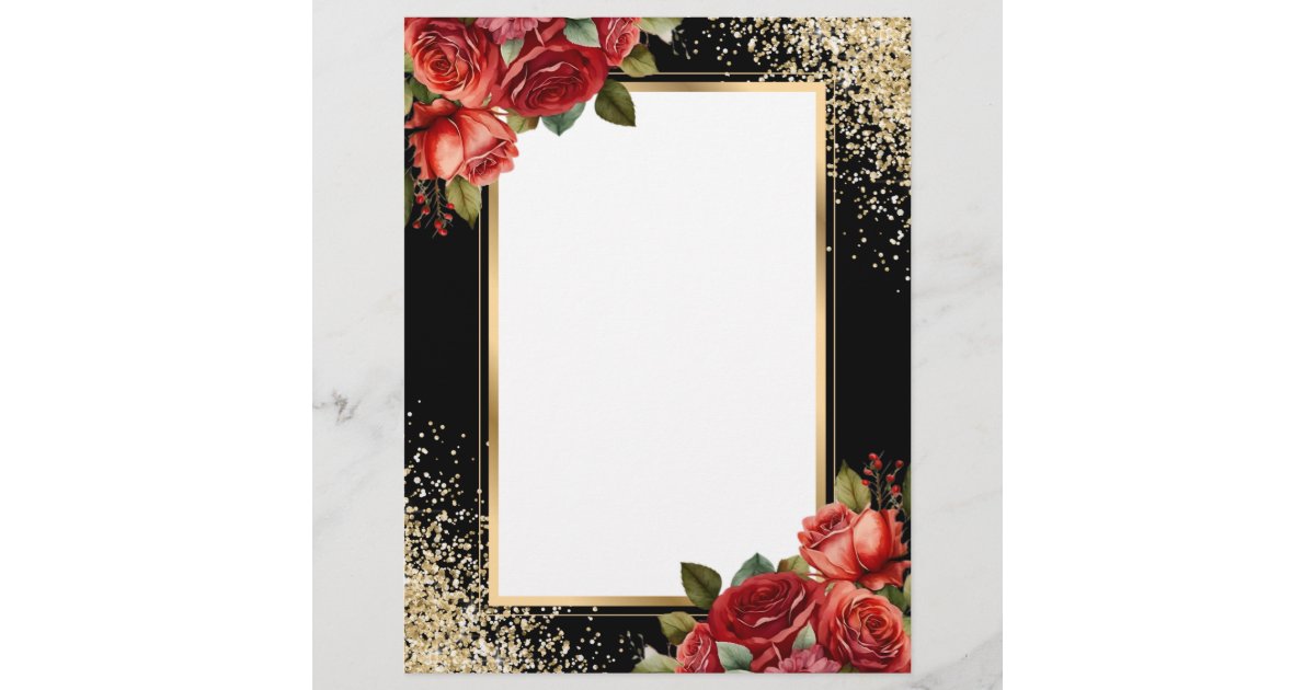 Rust Roses Letter Head Black Gold Glitter Red Roses Letterhead | Zazzle