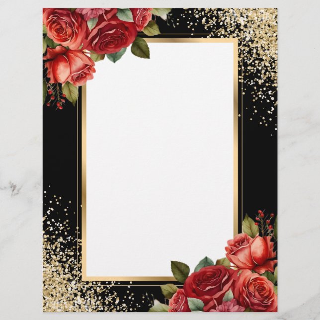 Black Gold Glitter Red Roses Letterhead (Front)