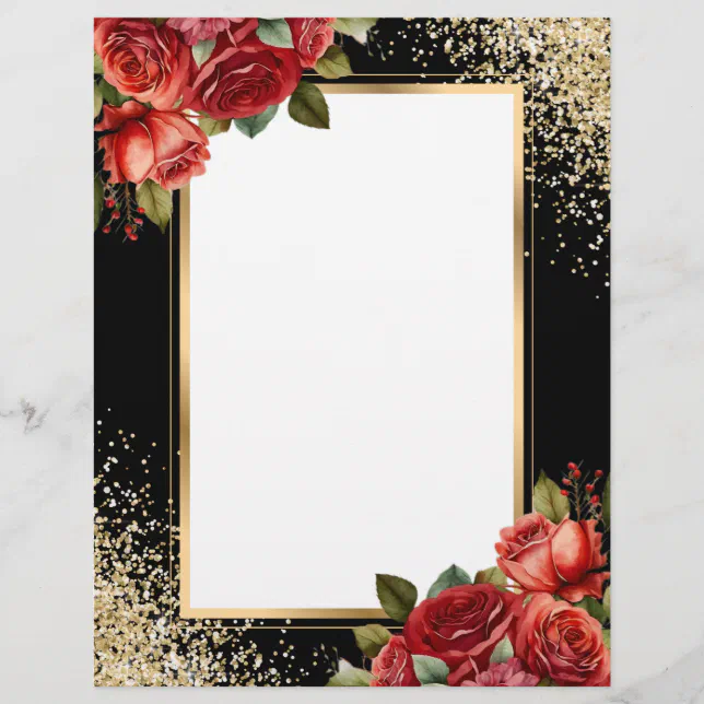 Rust Roses Letter Head Black Gold Glitter Red Roses Letterhead | Zazzle