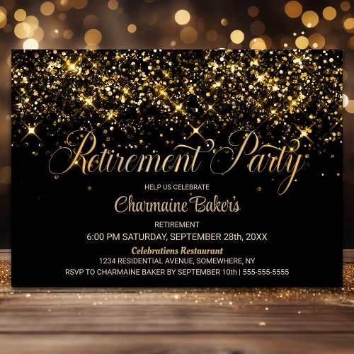 Black Gold Glitter Retirement Party Invitation