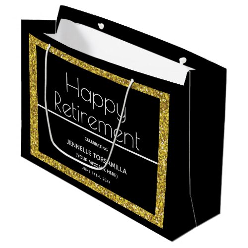 Black Gold Glitter Retirement Party Large Gift Bag