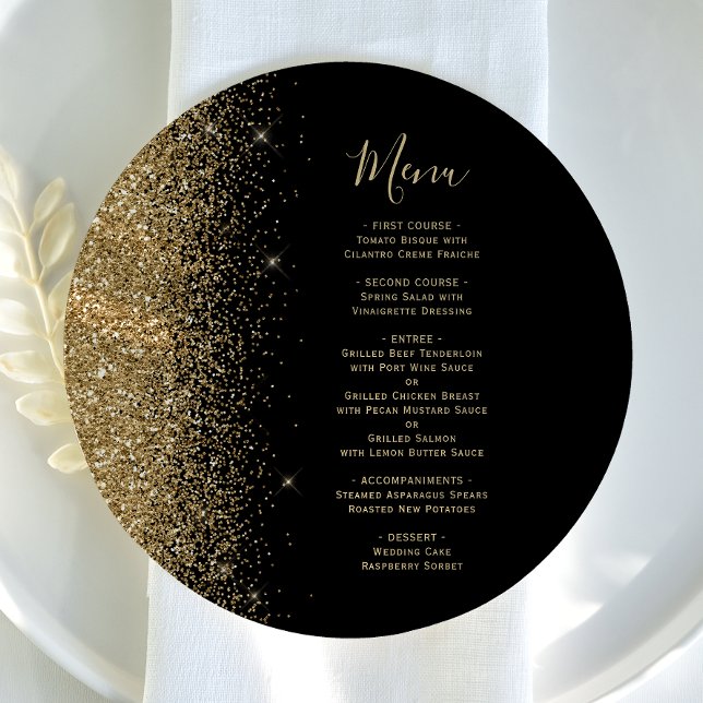 Black Gold Glitter Round Wedding Menu (Creator Uploaded)