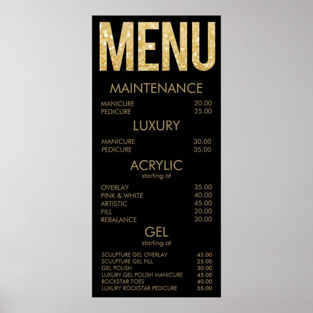 Black & Gold Glitter Salon Menu Wall Poster (Front)