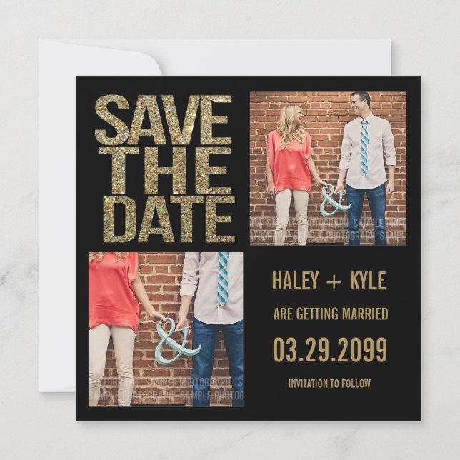 Black & Gold Glitter Save the Date Photo Cards (Front)