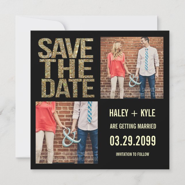 Black & Gold Glitter Save the Date Photo Cards (Front)