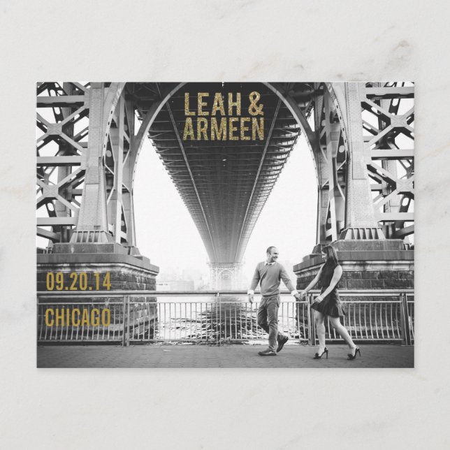 Black & Gold Glitter Save the Date Typography Announcement Postcard (Front)