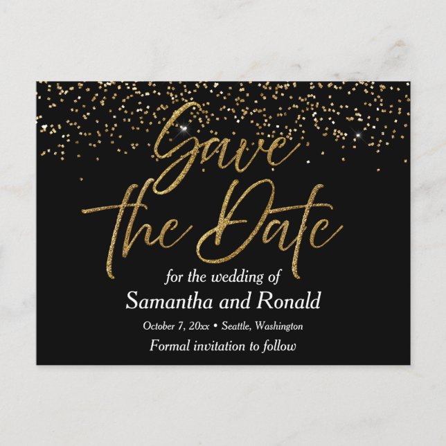 Black & Gold Glitter Save The Date Wedding Announcement Postcard (Front)