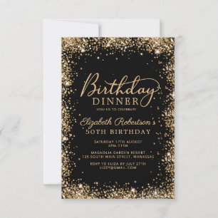 Black Gold Glitter Script 50th Birthday Dinner Invitation