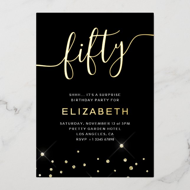 Black & Gold Glitter Script 50th Birthday Party Foil Invitation (Front)
