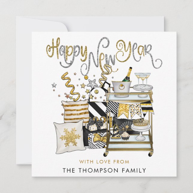  Black Gold Glitter Script Happy New Year Note Card (Front)
